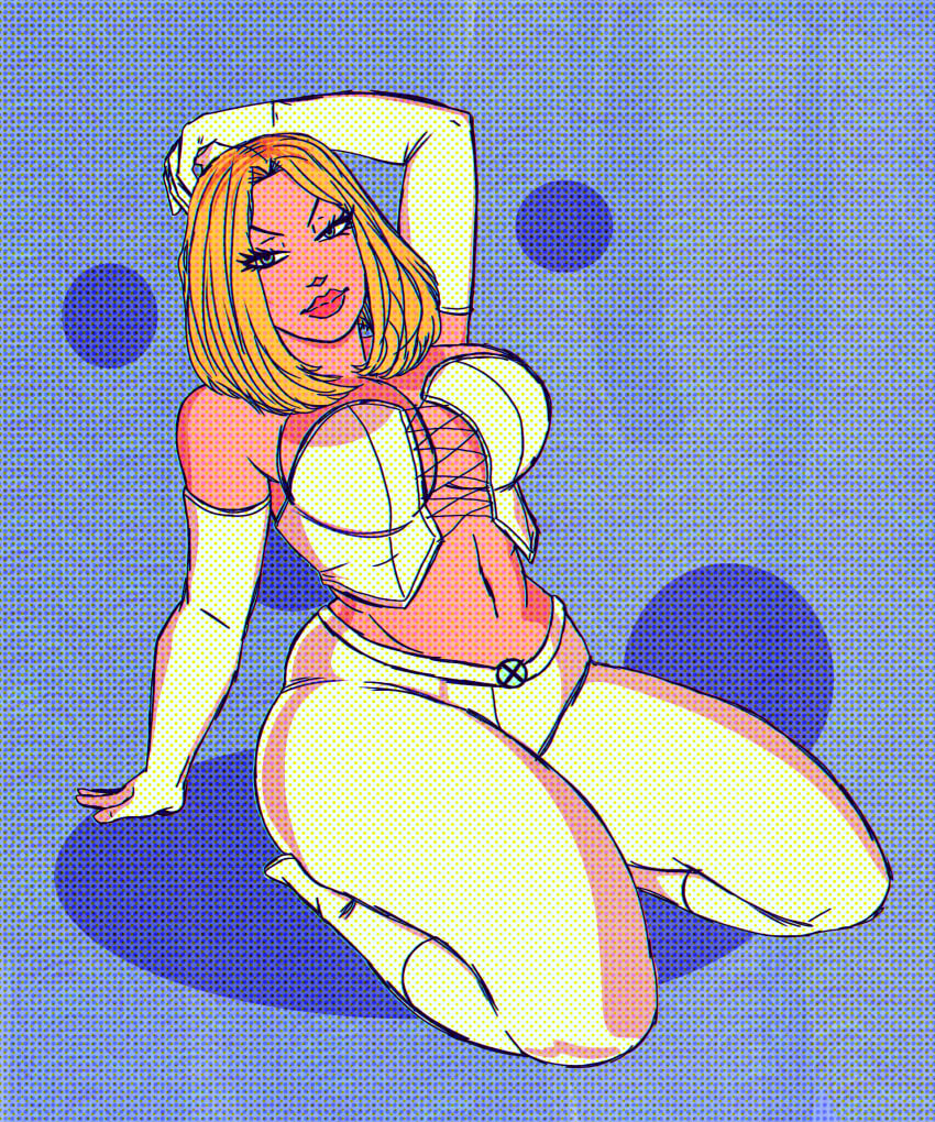 1girls big_ass big_breasts big_thighs blonde_hair blue_eyes bob_cut corset emma_frost looking_at_viewer marvel masochistmaverick pants pose thick_thighs tight_clothing x-men