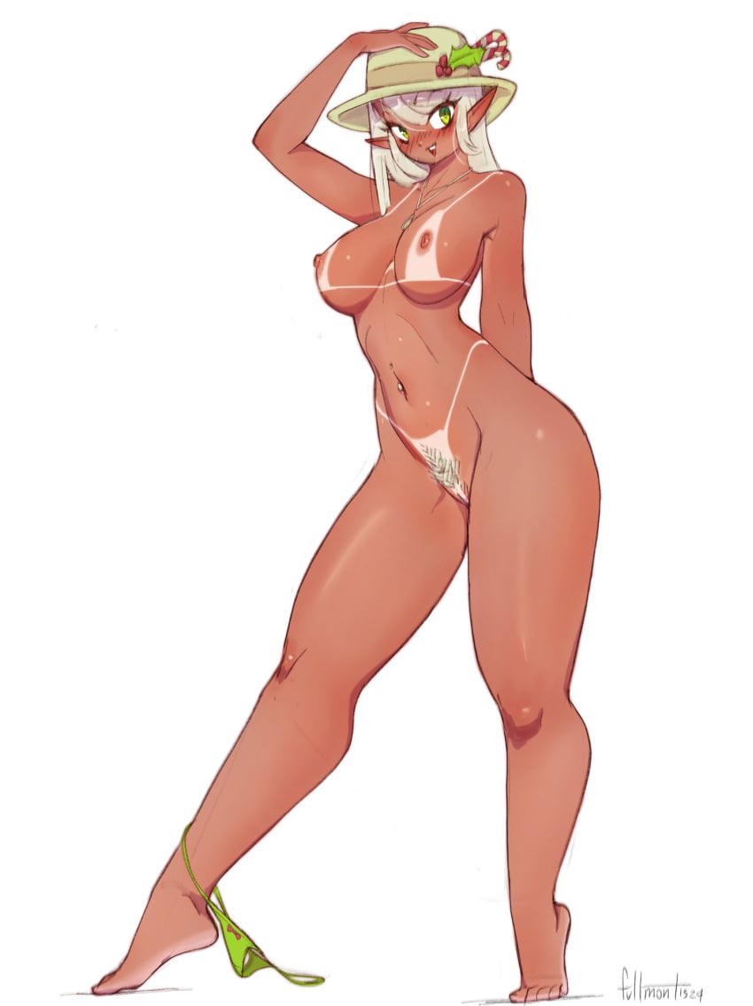 areola biped breasts clothing digital_media_(artwork) elf eyelashes female fullmontis genitals hair headgear headwear hi_res looking_at_viewer navel nipples not_furry pupils pussy simple_background smile solo suntan tan_line thick_thighs three-quarter_view