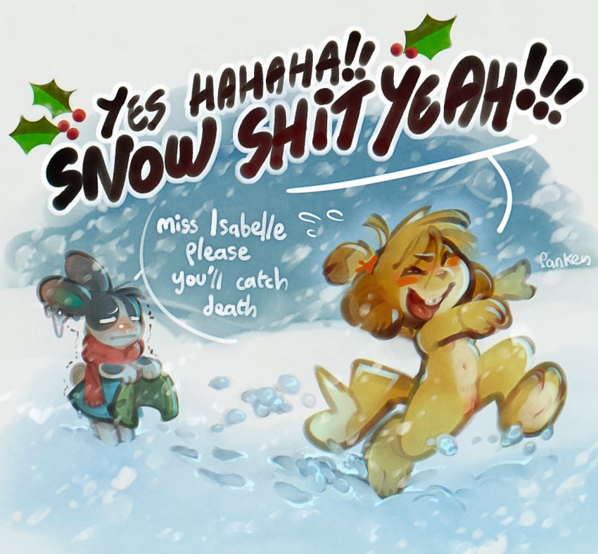 animal_crossing anthro blizzard_(weather) blush bodily_fluids canid canine canis clothing dialogue domestic_dog dotty_(animal_crossing) duo excited female festive festive_winter frozen genitals hair holly_(plant) ice imminent_hypothermia isabelle_(animal_crossing) jacket lagomorph leporid mammal navel nintendo nude panken plant pussy rabbit scarf shaking shih_tzu shivering snow speech_bubble streaking sweat sweatdrop topwear toy_dog vulgar worried