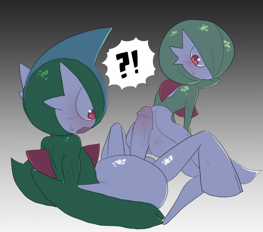 1boy1girl accurate_body_type blush cock_between_ass gallade gardevoir humanoid humanoid_genitalia imminent_sex looking_back no_breasts pokémon_(species) pokemon pokemon_(species) pokemon_dppt pokemon_rse small_breasts surprised surprised_expression