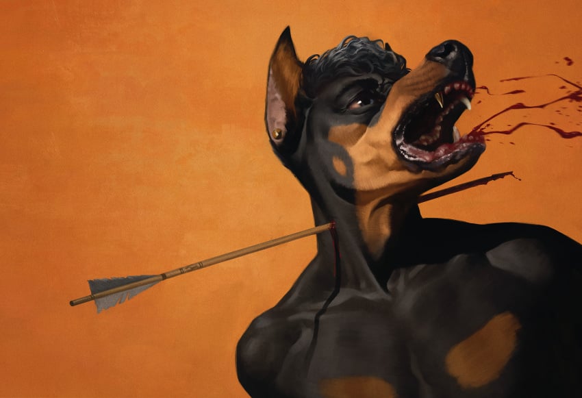 2023 anthro arrows blood bodily_fluids bra1neater canid canine canis coughing_blood digital_media_(artwork) dobermann domestic_dog dominic_(dim333) dying dying_eyes fangs gore hi_res male mammal nude piercing pinscher portrait screaming sharp_teeth solo teeth tongue