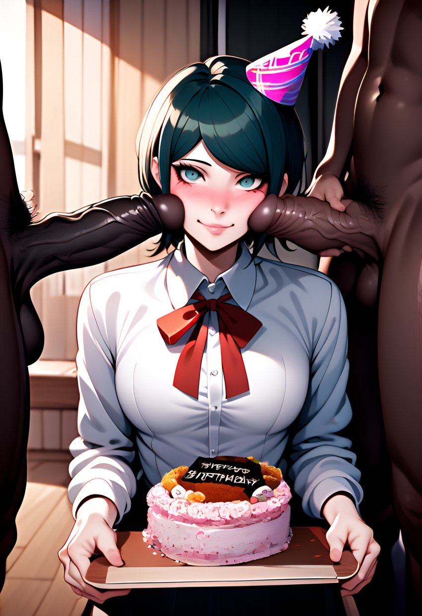 1girls 2boys ai_generated big_penis birthday birthday_cake birthday_gift birthday_hat cock_worship danganronpa danganronpa:_trigger_happy_havoc danganronpa_(series) dark-skinned_male dark_hair female interracial light-skinned_female mukuro_ikusaba short_hair