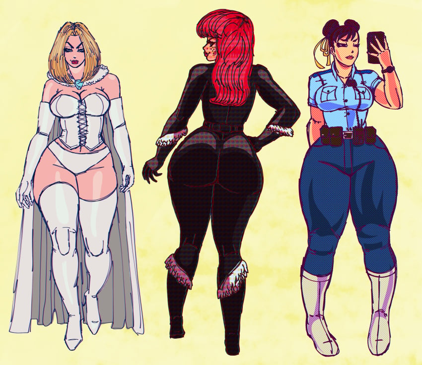 bangs big_ass big_breasts black_cat_(cosplay) blonde_hair blue_eyes bob_cut brown_hair cape chun-li corset emma_frost freckles huge_ass looking_at_viewer mary_jane_watson masochistmaverick police_uniform pose selfie smile thick_thighs tight_clothing wide_hips