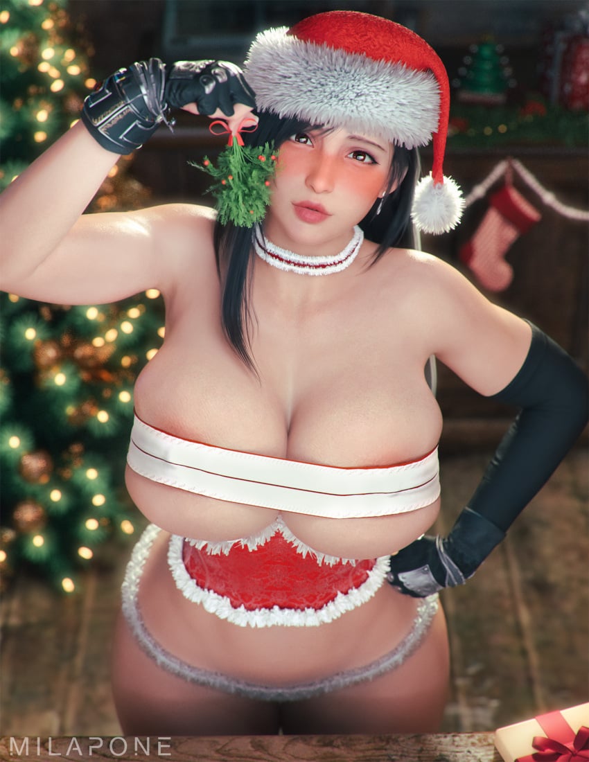 1girls 2024 3d areola_slip areolae arm_on_hip artist_name bare_shoulders black_hair blurry_background blush breasts choker christmas christmas_clothing christmas_tree cleavage collarbone covered_nipples curvaceous curvy curvy_female curvy_figure earrings elbow_gloves female female_only final_fantasy final_fantasy_vii fingerless_gloves fur_trim gloves hair_over_one_eye hat heavy_blush hourglass_figure huge_breasts jewelry light-skinned_female light_skin looking_at_viewer mature_female midriff milapone mismatched_gloves mistletoe narrow_waist puffy_lips red_eyes santa_hat skindentation slim_waist solo square_enix standing thick_lips thick_thighs tifa_lockhart underwear very_long_hair voluptuous voluptuous_female wide_hips