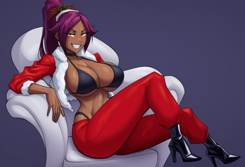 1girls ai_generated bleach female maplecat santa_costume santa_dress shihouin_yoruichi shihouin_yoruichi