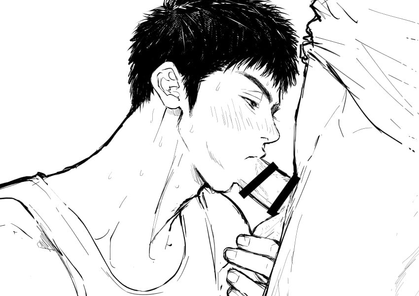 2boys absurdres bar_censor blush censored erection fellatio fingernails greyscale highres male_focus mitsui_hisashi monochrome multiple_boys oral penis short_hair simple_background slam_dunk_(series) sweat tank_top testicles upper_body white_background yao0597 yaoi