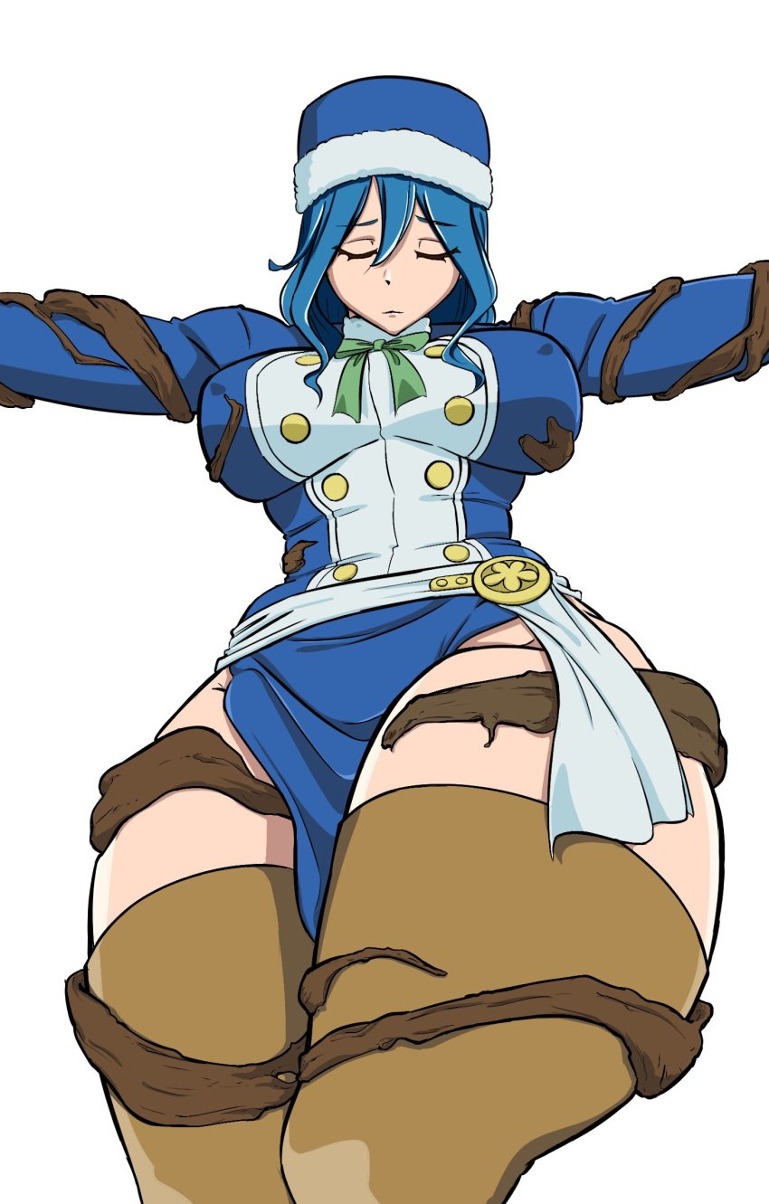 1girls big_breasts blue_hair closed_eye clothed fairy_tail fully_clothed hands_tied huge_breasts juvia_lockser light-skinned_female nipple_bulge sho_yo tentacle thick_thighs thighs