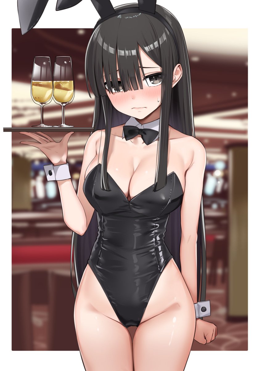 2d 2d_(artwork) black_hair breasts bunny_ears bunnysuit cleavage date_a_live light-skinned_female long_hair solo solo_female thighs wine_glass