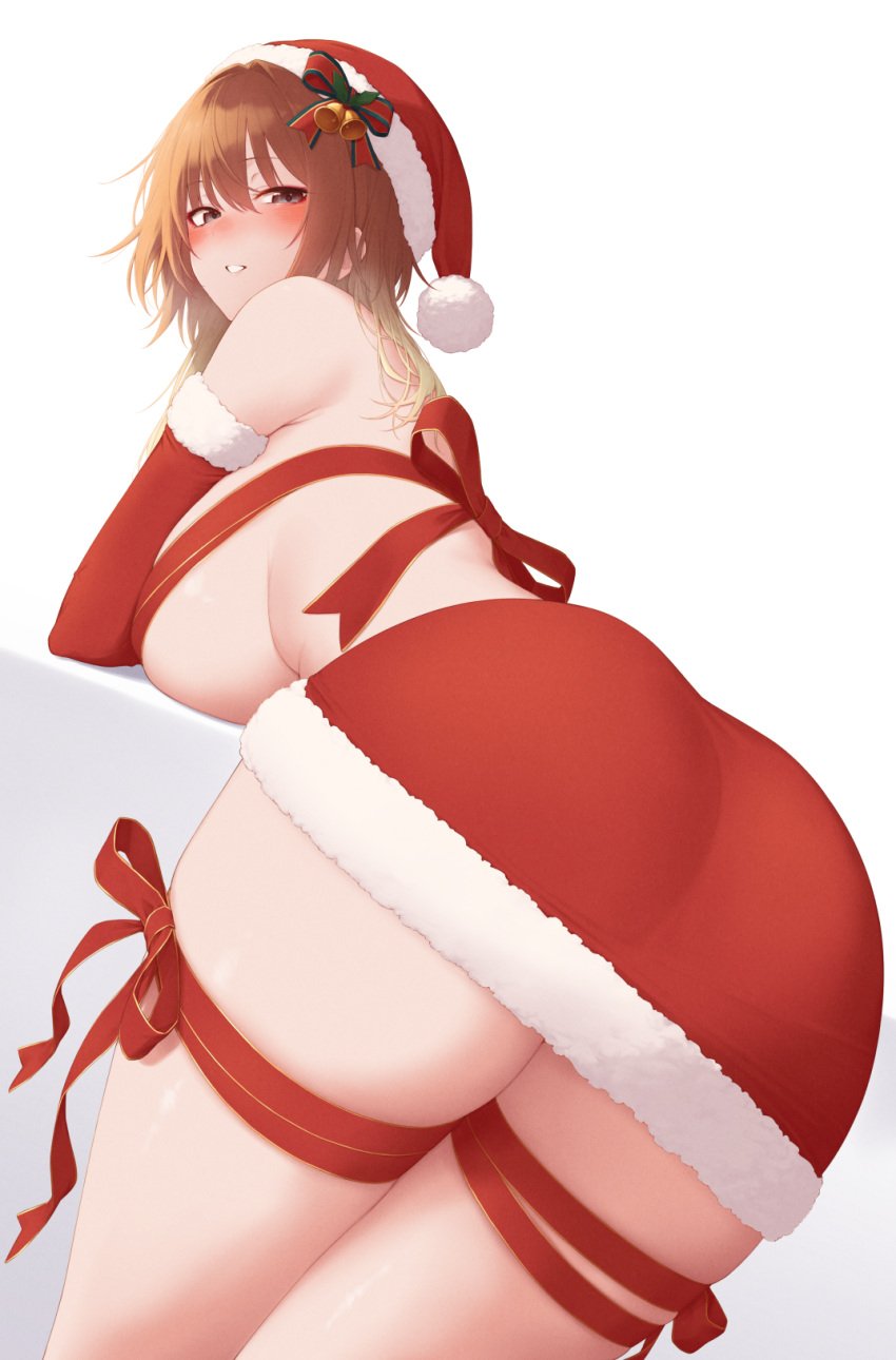 aketa_mikoto blonde_hair blush breast_ribbon breasts brown_hair christmas commentary_request female fur-trimmed_skirt fur_trim hat highres huge_breasts idolmaster idolmaster_shiny_colors kirou_(kiruyuu1210) leaning_forward leg_ribbon long_hair looking_at_viewer looking_back red_ribbon red_skirt ribbon santa_hat sideboob skirt solo thigh_ribbon