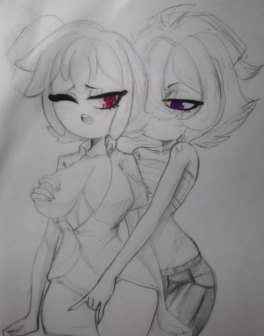 2girls alter_belt ann_chica_(fnafhs) big_breasts blonde_female blonde_hair blonde_hair_female breasts chica_(fnafhs) female female_only fhs fnafhs fnafhsrule34 grabbing half-closed_eyes moaning moaning_in_pleasure monochrome open_mouth pink_eyes ponytail puppet_(fnafhs) purple_eyes school_uniform schoolgirl short_hair sketch small_breasts smiley_face smiling smiling_at_partner teenage_girl teenager traditional_art traditional_drawing_(artwork) traditional_media traditional_media_(artwork) white_hair yuri