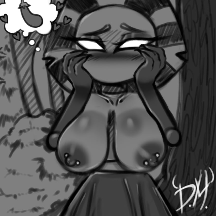 1girls big_breasts blush derangedmisfit eggplant_emoji flatwoods_monster monster_girl nipple_piercing top_heavy