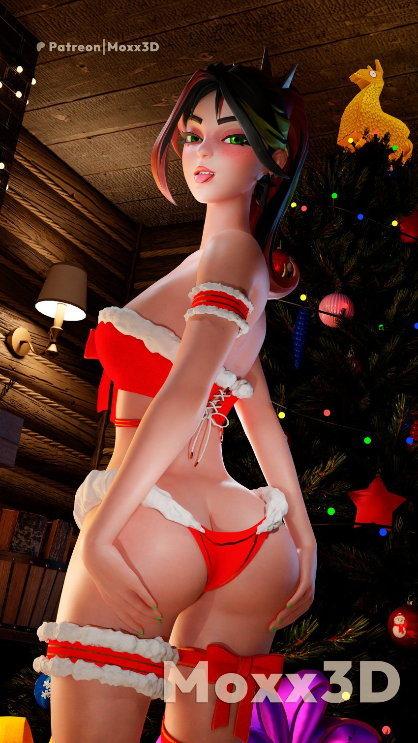 1girls almost_naked ass ass_focus bare_shoulders big_ass christmas christmas_clothing christmas_outfit corset female female female_focus female_only fortnite fortnite:_battle_royale helsie_(fortnite) huge_ass looking_at_viewer moxx3d ribbon thick_ass thong tongue tongue_out