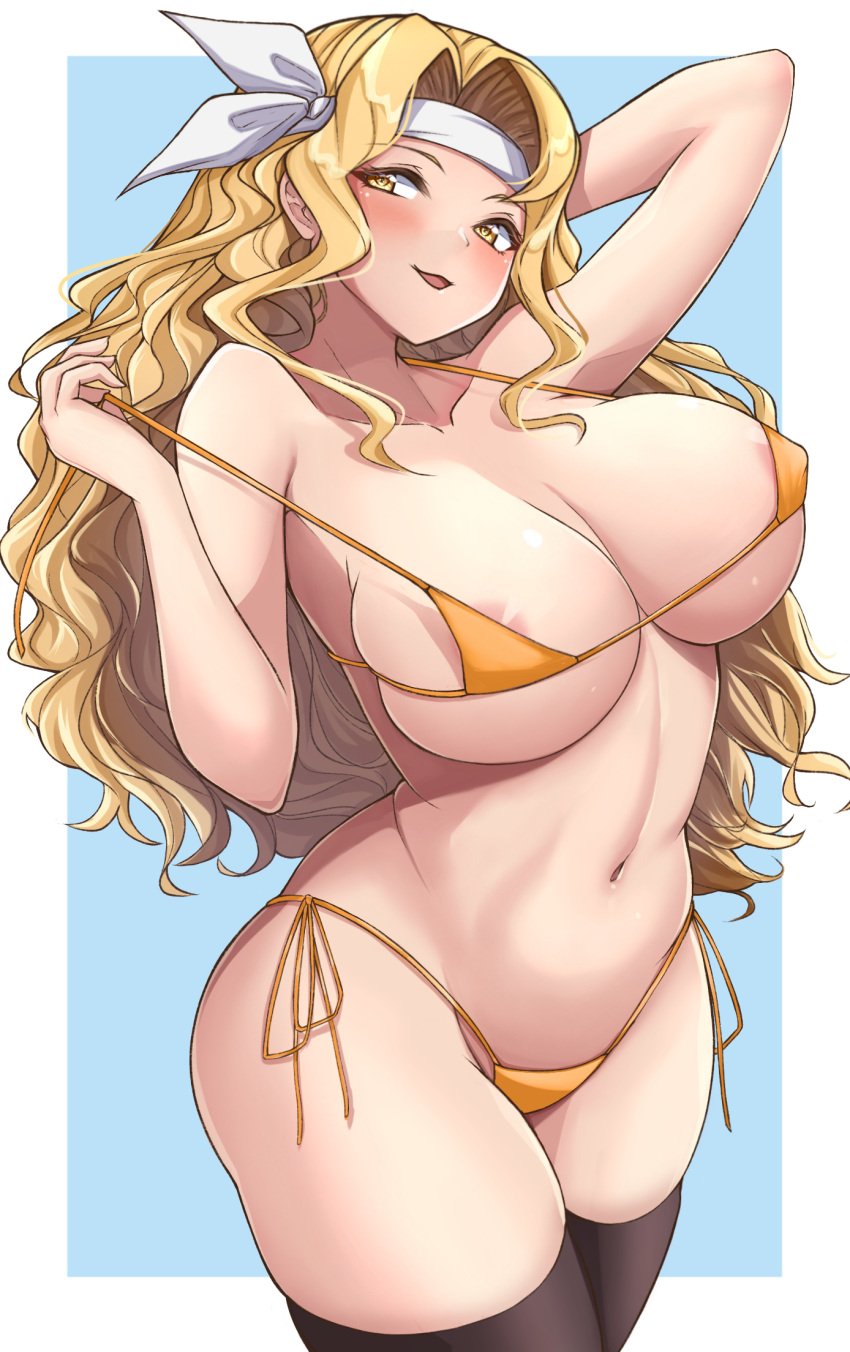 1girls alternate_breast_size areola_slip areolae arm_up big_breasts bikini blonde_hair blush breasts brigid_(fire_emblem) commission commissioner_upload covered_nipples female fire_emblem fire_emblem:_genealogy_of_the_holy_war hair_intakes headband highres large_breasts long_hair looking_at_viewer micro_bikini midriff navel nintendo ocelot_sss open_mouth orange_bikini oserotto skindentation smile solo solo_female swimsuit thick_thighs thighhighs thighs undressing wavy_hair wide_hips yellow_bikini yellow_eyes yellow_swimsuit