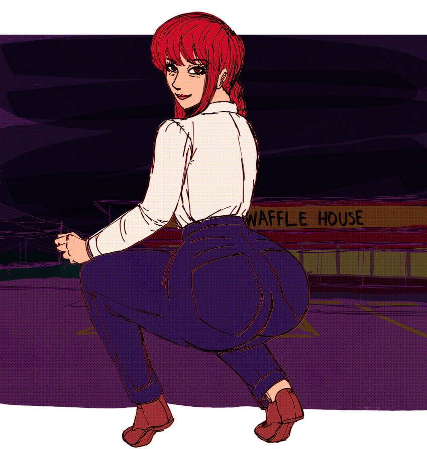 background bangs big_ass braids cheesecakevalentine eyelashes giant_ass huge_ass looking_at_viewer makima_(chainsaw_man) masochistmaverick night posing red_hair smile squatting tight_pants wafflehouse