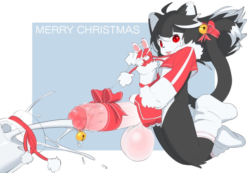 anthro bell big_penis christmas clothing digital_media_(artwork) domestic_cat felid feline felis footwear genitals herm hi_res holidays humanoid intersex male maleherm mammal mika_(mikanishi) mikanishi penis small_but_hung socks solo