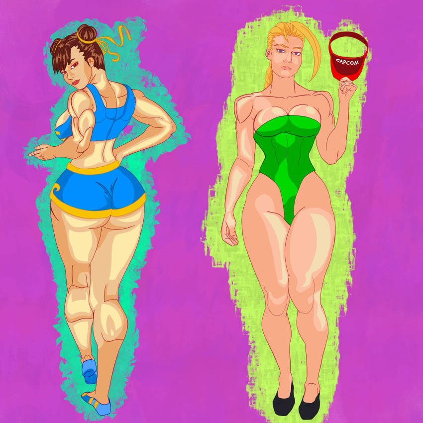 2girls abs big_ass big_breasts blonde_hair cammy_white capcom chun-li cleavage gigantic_ass holding_object looking_at_viewer masochistmaverick muscular_female one-piece_swimsuit shorts sideboob smile swimwear teasing thick_thighs wide_hips