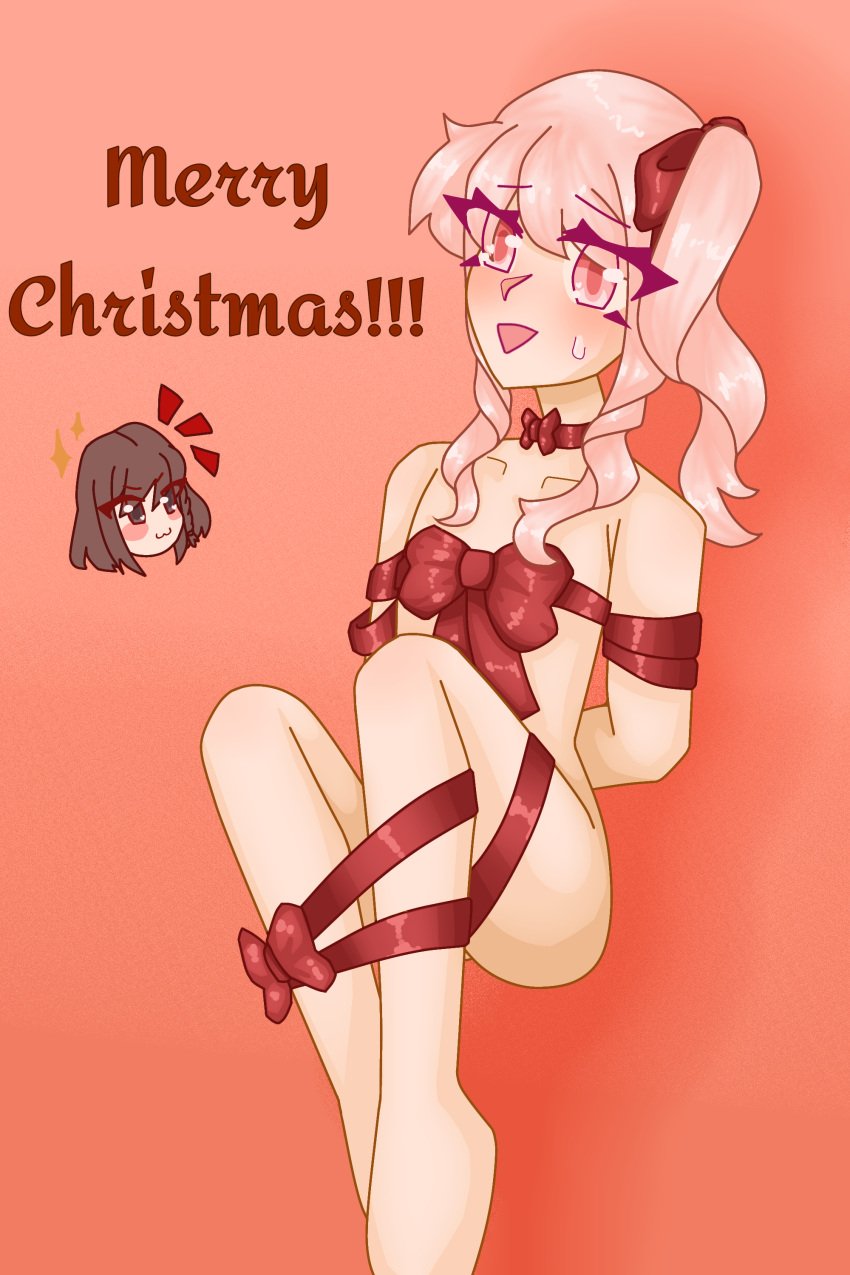 akiyama_mizuki awkward blush bow chibi christmas christmas_present convenient_censoring convenient_censorship f/f mtf nearly_nude no_background pink pink_eyes pink_hair present project_sekai ribbon shinonome_ena