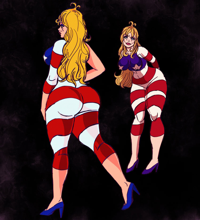 bangs big_ass blonde_hair cel_shading freckles gigantic_ass hands_behind_back huge_ass long_hair looking_at_viewer miss_america_(coonskin) nipples one_leg_forward pawg sideboob thick_thighs tights voluptuous