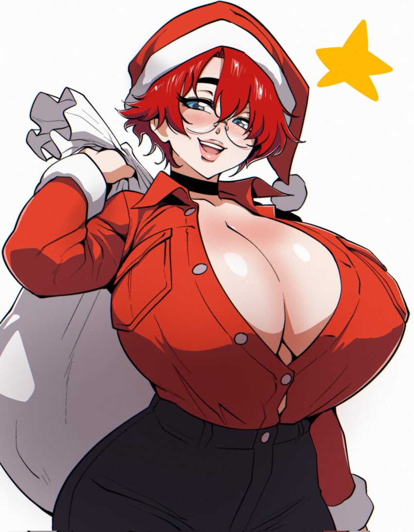 christmas christmas_headwear cleavage huge_breasts maxine_(balak) solo wholesome