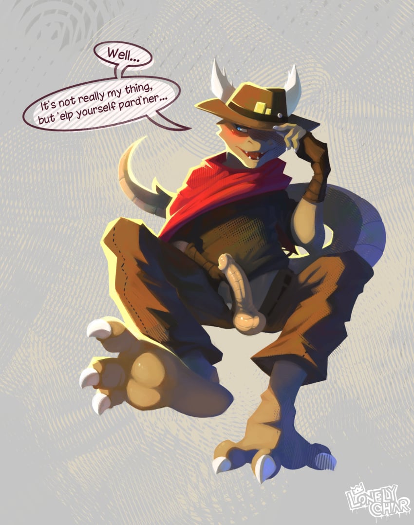 abstract_background animal_humanoid anthro blush claws clothed clothing cowboy cowboy_hat dialogue english_text feet foot_focus genitals hat headgear headwear hi_res horn humanoid humanoid_genitalia humanoid_penis lonelycharart male partially_clothed penis scalie scalie_humanoid solo tail talking_to_viewer text toe_claws