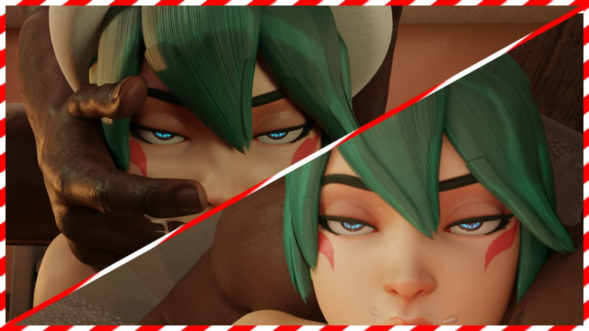 ahe_gao ahe_gao ahegao_face black_penis doggy_style doggy_style female female_only green_hair kiriko_(overwatch) overwatch text white_skin xmas