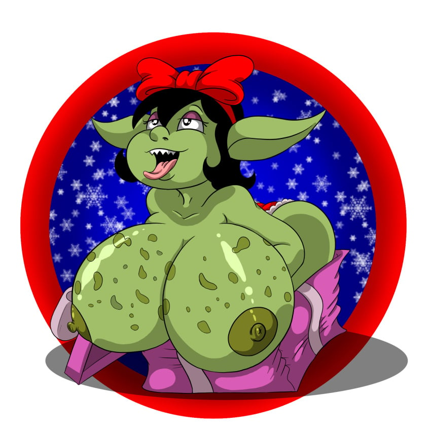 1girls areola areolae big_breasts big_nipples black_hair borka_(cartoonfan402) bow box cartoonfan402 christmas christmas_clothing christmas_outfit christmas_present eyeshadow female female_focus female_only freckles freckles_on_breasts goblin goblin_female green_body green_skin hanging_breasts inside_a_box nipples present present_box presenting_breasts shortstack solo_female tongue tongue_out