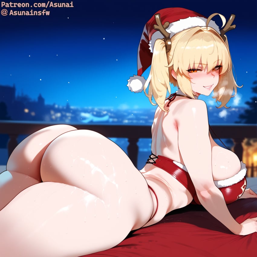 ai_generated asunai blonde_hair burnice_white christmas curvy female huge_ass large_breasts looking_at_viewer looking_back lying orange_eyes pawg santa_hat solo stable_diffusion thick_thighs twintails zenless_zone_zero