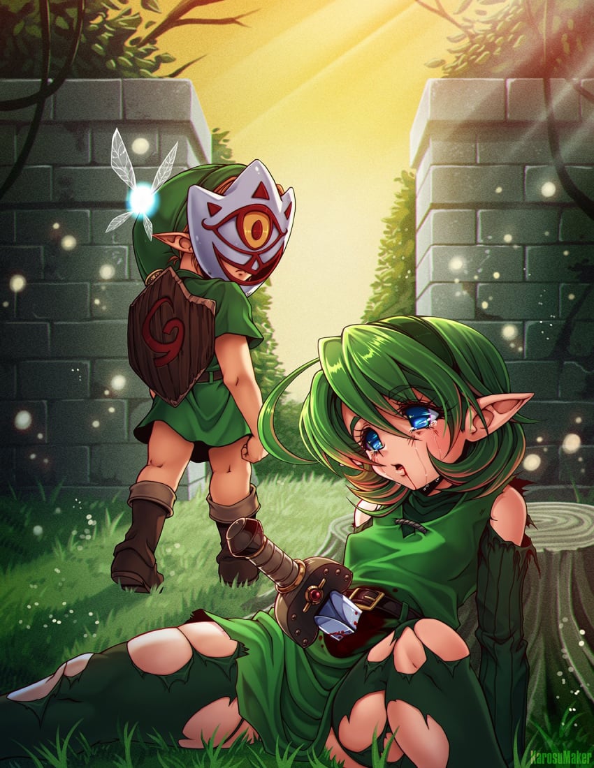 1boy bad_end belt blonde_hair blood blue_eyes death fairy female green_belt green_eyes green_footwear green_hairband green_sweater green_tunic guro hairband highres hylian_shield karosu_maker kokiri link mask pointy_ears saria_(zelda) shield short_hair sweater sword tears the_legend_of_zelda the_legend_of_zelda:_ocarina_of_time torn_clothes tree_stump tunic weapon