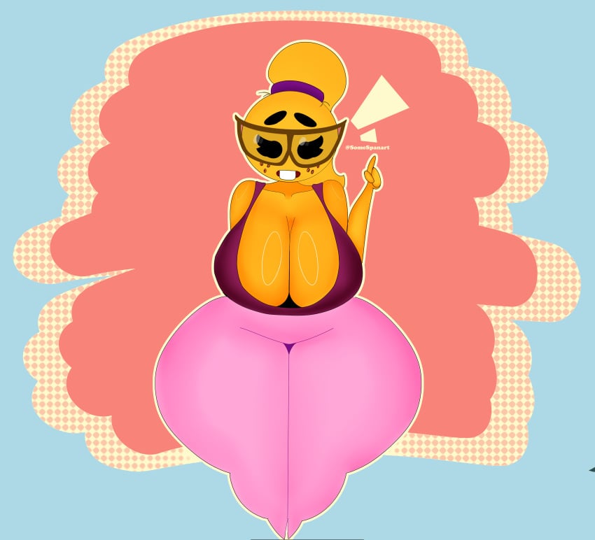 big_breasts big_thighs black_eyes blue_background emoji glasses meme meme_reference nerd_emoji red_background somespanart yellow_body yellow_hair yellow_skin