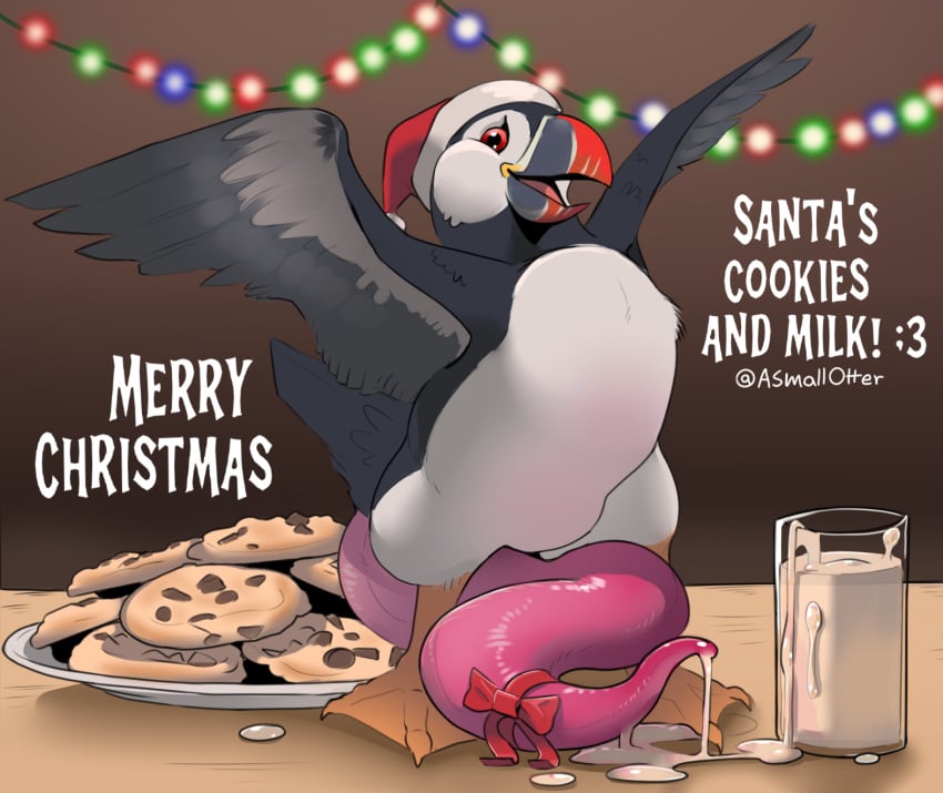 accessory alcid asmallotter avian beak big_penis bird bodily_fluids brown_background christmas christmas_clothing christmas_decorations christmas_headwear christmas_lights clothing cookie cookies_and_milk cum cum_as_food cum_as_milk cum_drip cum_in_a_cup cum_in_container cum_splatter detailed_background dripping ejaculation english_text feet feral food genital_fluids genitals hat headgear headwear hi_res holidays huge_cock hyper hyper_genitalia hyper_penis lari male membrane_(anatomy) merry_christmas penis penis_accessory penis_bow penis_ribbon plate presenting presenting_penis puffin ribbons santa_hat signature simple_background solo spread_wings standing text toes webbed_feet wings