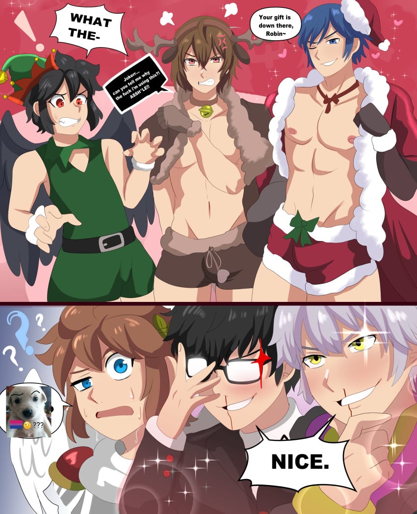 6boys ??? absurd_res anger_vein angry_face black_hair blue_eyes blue_hair brown_hair christmas christmas_outfit chrom_(fire_emblem) crossover dark_pit dialogue english_text fire_emblem fire_emblem_awakening funny glasses goro_akechi karbuitt kid_icarus kid_icarus_uprising looking_at_viewer male male_only nintendo nose_bleed persona persona_5 pit_(kid_icarus) red_eyes ren_amamiya robin_(fire_emblem) robin_(fire_emblem)_(male) smiling smiling_at_viewer speech_bubble sweating teeth_clenched white_hair wings wink winking_at_viewer yellow_eyes