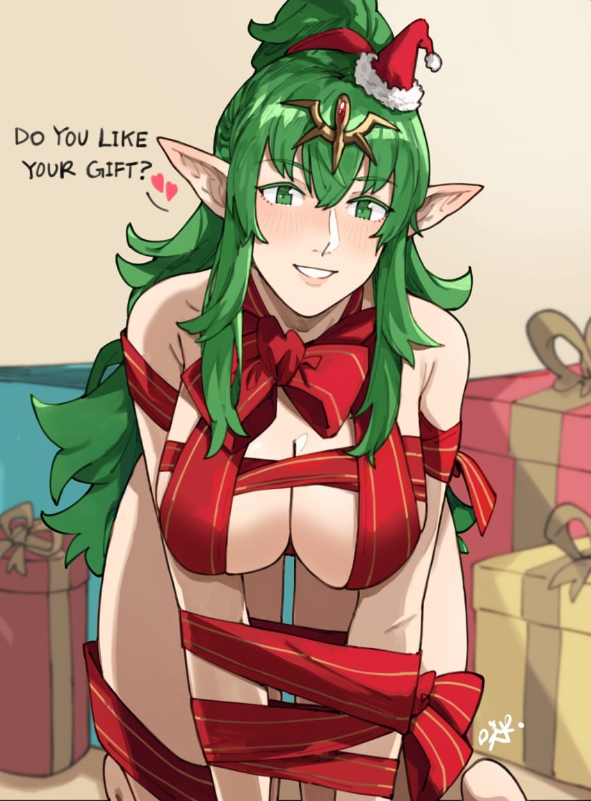 1girls background breasts christmas christmas_background christmas_present cleavage completely_nude eyebrows_visible_through_hair female female_only fire_emblem fire_emblem_awakening gift gift_wrapped green_eyes green_hair hat medium_breasts naked_ribbon nintendo nude older pointy_ears ponytail red_headwear ribbon ribboned_body sakuremi santa_hat smile solo tiara tiki_(adult)_(fire_emblem) tiki_(fire_emblem) wrapped_up