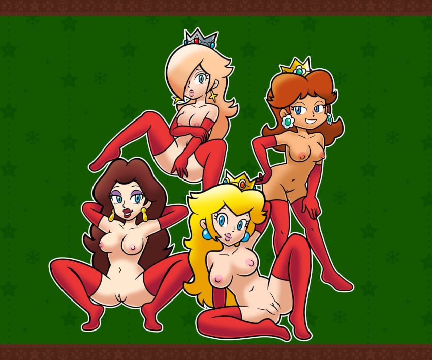 accurate_art_style christmas lisnovski long_gloves long_socks multiple_girls naked nintendo pauline princess_daisy princess_peach princess_rosalina super_mario_bros.