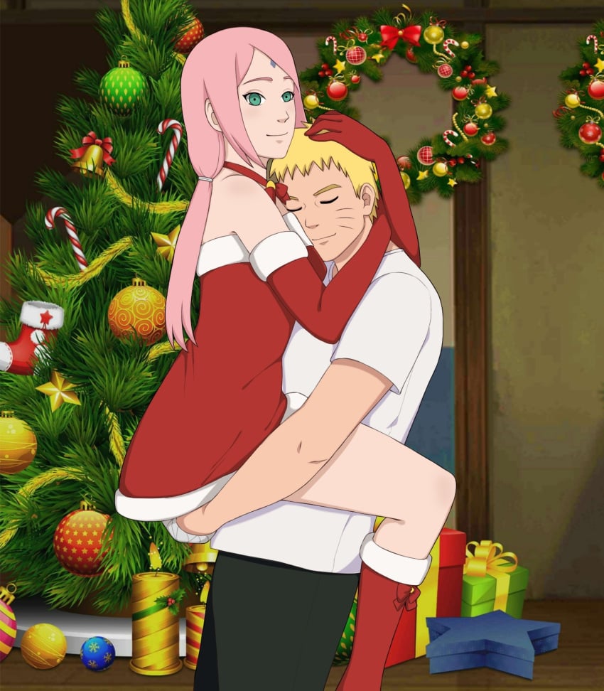 1boy 1girls alternate_hairstyle ass bandaged_arm before_sex boruto:_naruto_next_generations breasts carrying carrying_partner cheating cheating_husband cheating_wife christmas christmas_tree couple duo female green_eyes highres jack_.mery long_hair looking_at_viewer lovers male mature_female milf naruto naruto_(series) pink_hair ponytail romantic_couple sakura_haruno short_hair stand_and_carry_position standing swept_bangs uncensored uzumaki_naruto very_long_hair yellow_hair