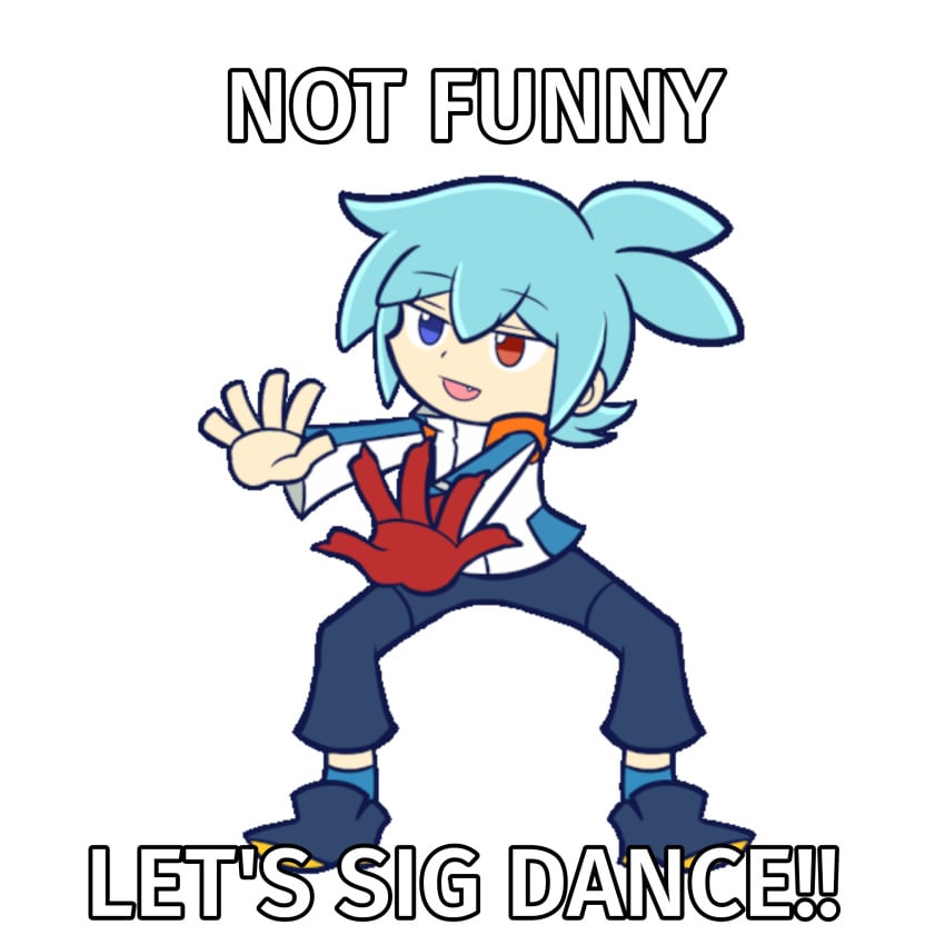 ! !! 1boy :d ahoge blue_eyes blue_hair dancing english_text happy long_sleeves male male_only multicolored_eyes not_porn open_mouth pants puyo_puyo puyo_puyo_fever puyo_puyo_fever_2 sega sfw shirt shoes sig_(puyo_puyo) socks solo spooky_month t-shirt text