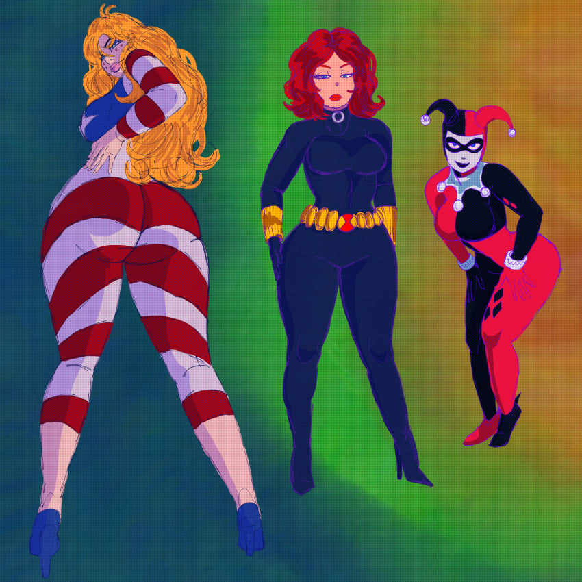 3girls big_ass black_widow_(marvel) blue_hair clown_girl coonskin dc_comics digital_media_(artwork) freckles hands_on_thighs harley_quinn harley_quinn_(classic) high_heels huge_ass long_hair looking_at_viewer marvel masochistmaverick miss_america_(coonskin) pawg pose posing_for_the_viewer red_hair serious short_hair sideboob smile thick_thighs wide_hips