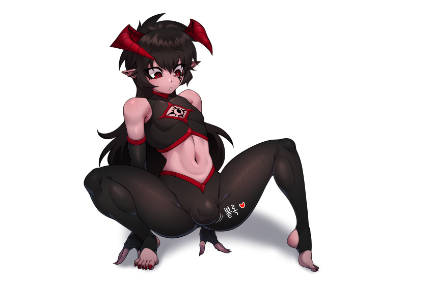 1boy ain(in) balls black_hair bulge demon demon_king demon_king_(in) feet femboy flat_chest gloves horns long_hair male original penis_bulge pointy_ears red_eyes red_nails solo stirrup_legwear thighs tight_clothing trap white_background zvz6iat9r3xmek5