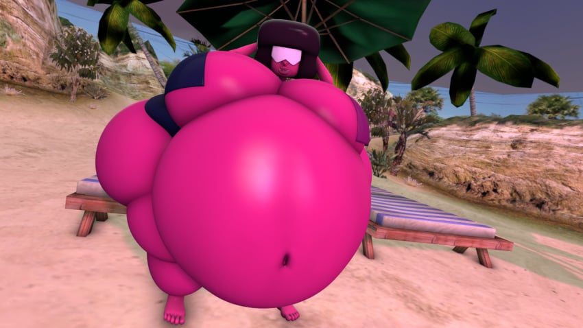 1girls beach belly belly_button bikini digestion fat fat_ass garnet_(steven_universe) sunrise