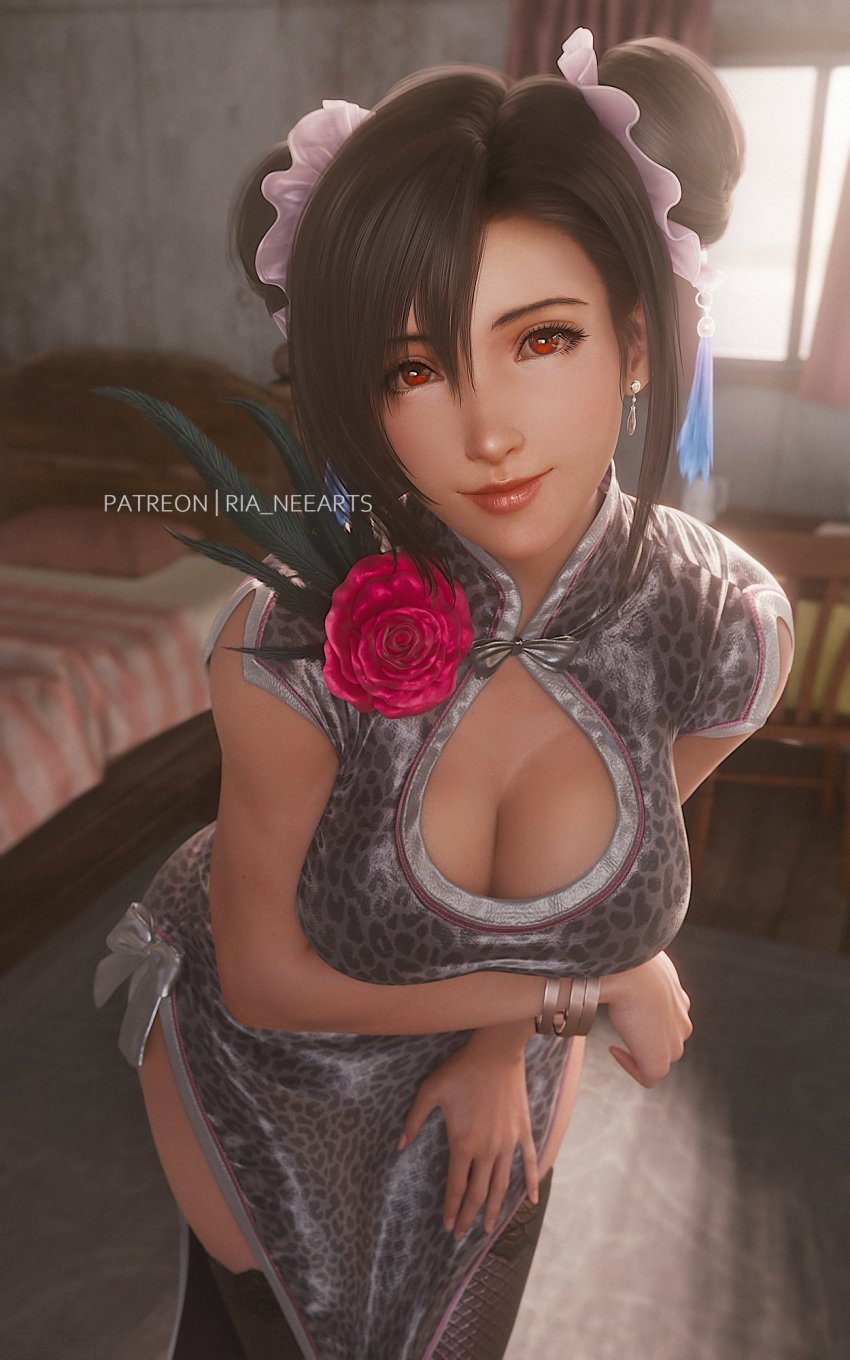 1girls alternate_costume arm_under_breasts big_breasts bracelet breasts brown_hair cleavage clothed dress earrings female final_fantasy_vii final_fantasy_vii_remake flower looking_at_viewer red_eyes ria-neearts smile solo square_enix stockings tifa_lockhart