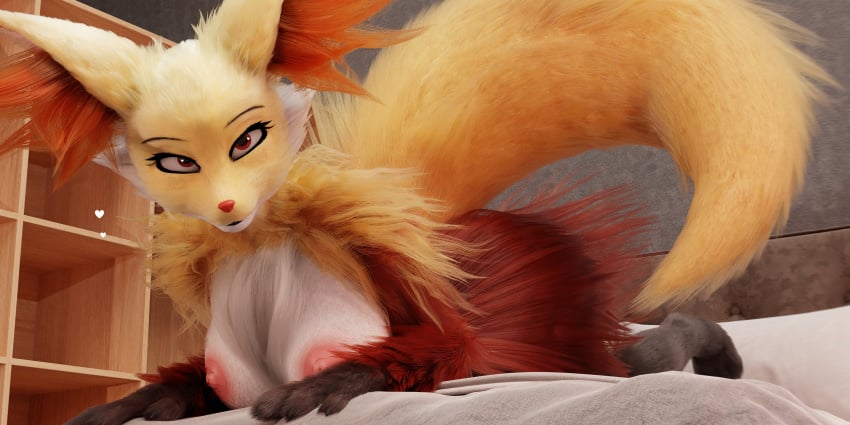 3d_(artwork) absurd_res animal_ear_fluff anthro areola bed bedroom big_areola big_breasts big_tail blender_(artwork) breasts delphox delphox_(furromantic) digital_media_(artwork) female fluffy fluffy_tail fur furniture generation_6_pokemon hi_res inner_ear_fluff inside looking_at_viewer lying nintendo nipples on_bed on_front pokemon pokemon_(species) raised_tail red_eyes solo springycharna tail tuft white_body white_fur yellow_body yellow_fur