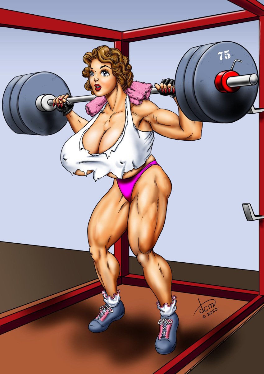 barbell big_breasts blue_eyes brown_hair charlotte charlotte_fuller clothed_female dcmatthews female_only gym huge_breasts massive_breasts muscles muscular_female naked_justice panties shoes solo_female strength towel white_shirt working_out