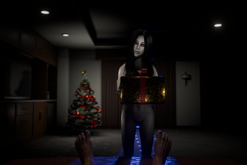 1boy 1girls 3d asian_female black_hair blender christmas_present christmas_tree enigmaj ghost ghost_girl light-skinned_male looking_at_viewer male_feet nude_female pale-skinned_female pov ringu sadako_yamamura the_ring yamamura_sadako