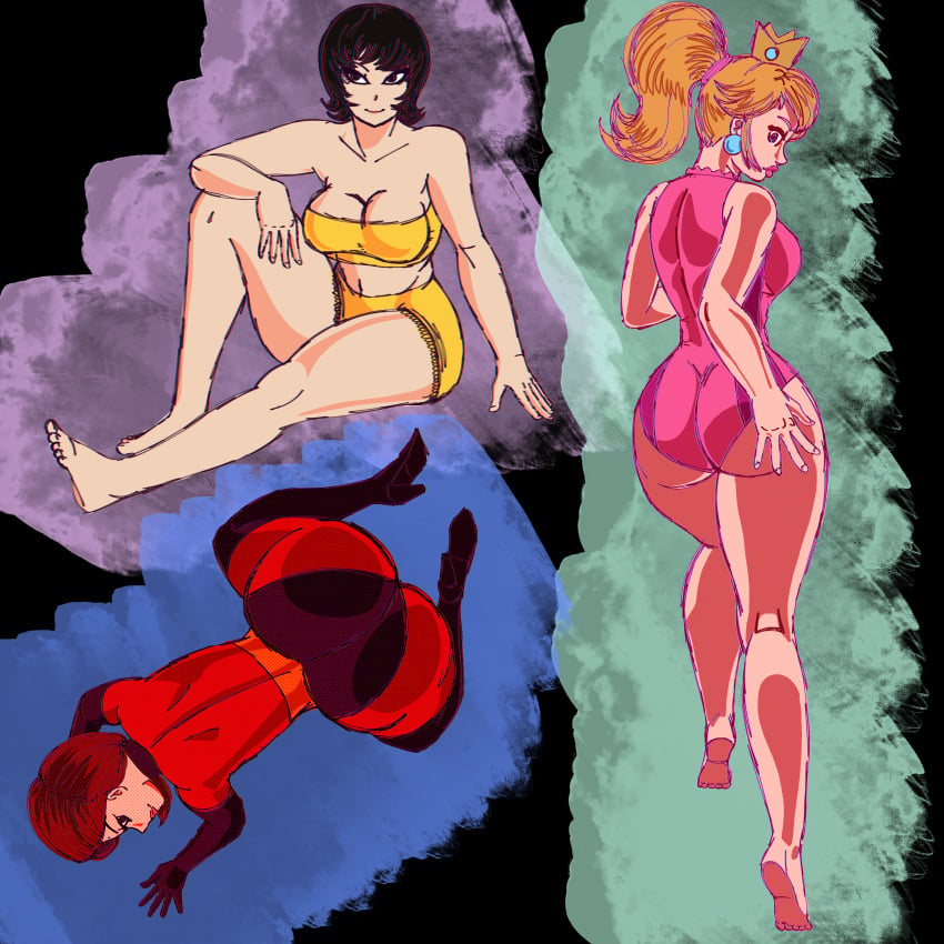 3girls bangs big_ass big_breasts blue_eyes cel_shading cheesecakevalentine crown elastigirl helen_parr huge_ass jucika looking_back masochistmaverick nintendo on_all_fours pose posing princess_peach sideboob smile twerking