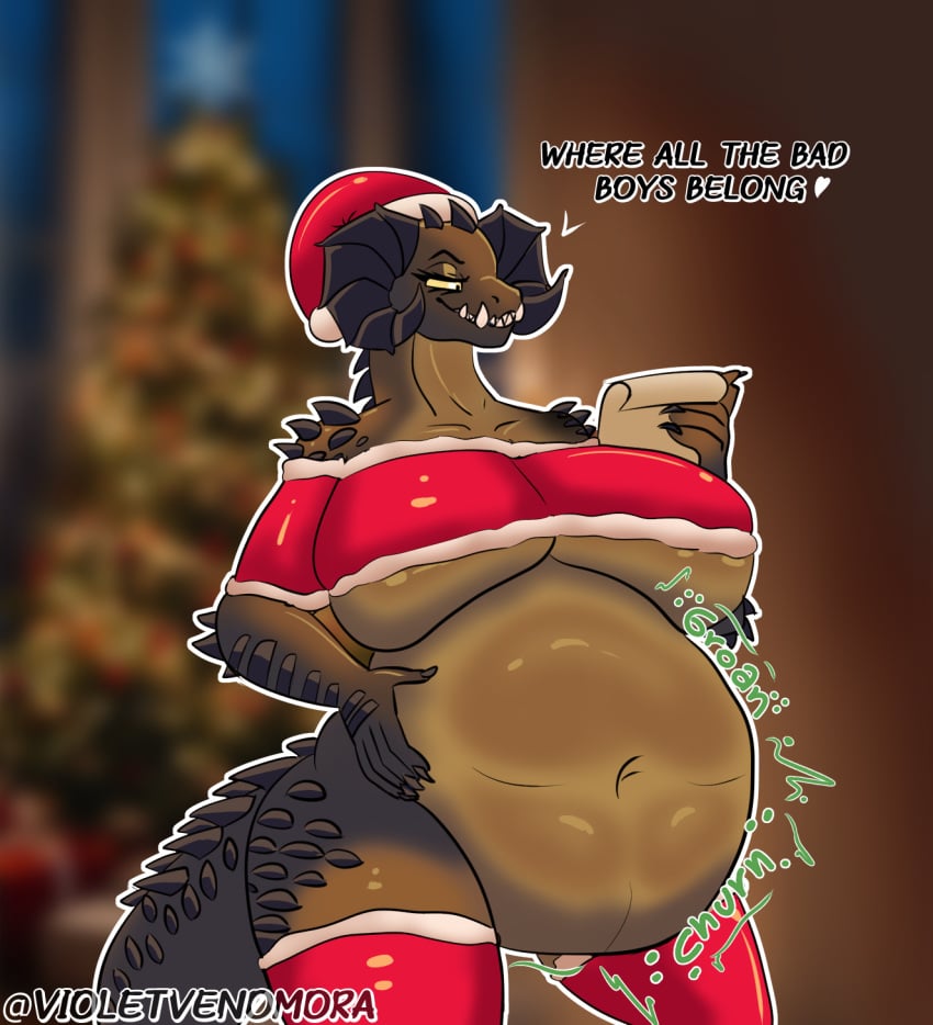 anthro big_breasts breasts christmas christmas_clothing clothing deathclaw digestion digital_media_(artwork) duo fallout female hi_res holidays male male/female microsoft onomatopoeia scalie sound_effects text violet_venomora vore