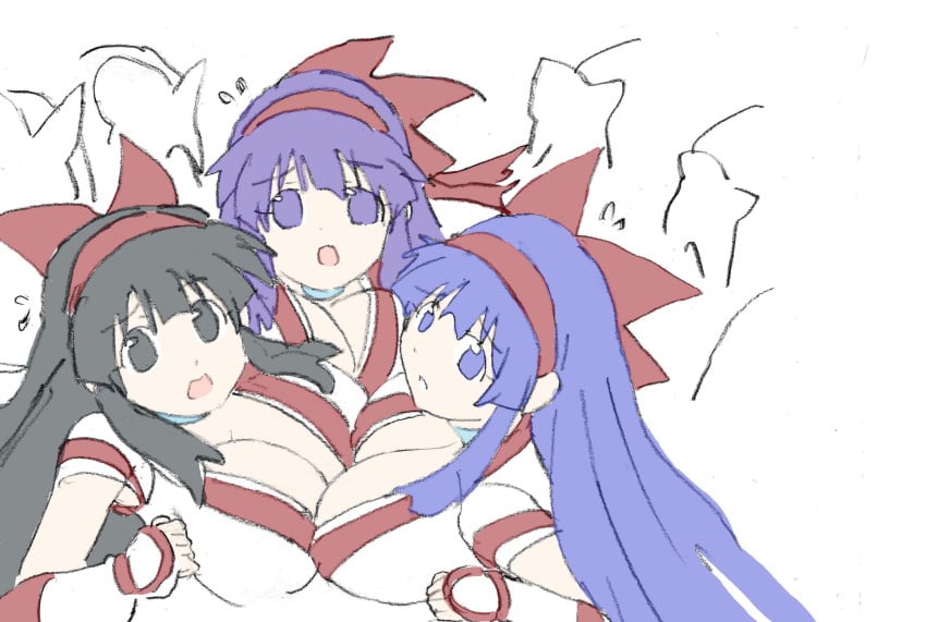 3girls ainu_clothes asymmetrical_docking big_breasts black_eyes black_hair blue_eyes blue_hair breast_press breasts busty cleavage female female_only fingerless_gloves gloves hair_ribbon highres king_of_fighters large_breasts long_hair looking_at_viewer multiple_girls multiple_persona nakoruru nervous open_mouth parted_lips pink_lips purple_eyes purple_hair ribbon samurai_shodown sideboob snk solo tongue traditional_media very_long_hair voluptuous