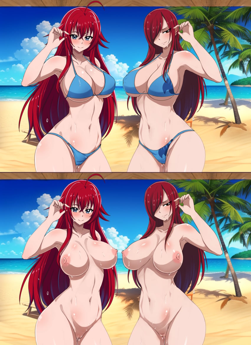 2girls beach big_breasts bikini blue_eyes breasts brown_hair erza_scarlet fairy_tail high_school_dxd large_breasts nipples nude nude_female pussy red_hair rias_gremory sea seaside smile the_amazing_gambit