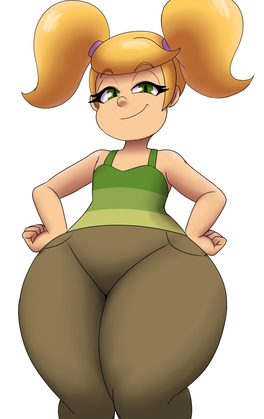 1girls blonde_female blonde_hair bottom_heavy cindy_vortex commission commissioner_upload flat_chest flat_chested green_eyes hands_on_hips huge_hips huge_thighs jimmy_neutron_boy_genius looking_at_viewer mechspazer nickelodeon nicktoons shortstack smug smug_expression smug_grin smug_smile standing tan_pants tank_top thick_legs thick_thighs wide_hips