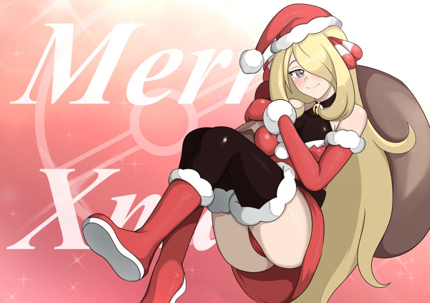 1girls absurd_res ass blonde_hair blush boots breasts cameltoe christmas christmas_outfit creatures_(company) cynthia_(pokemon) detached_sleeves english_text game_freak gloves grey_eyes hair_over_one_eye hi_res long_hair looking_at_viewer merry_christmas nintendo nivi panties pokemon pokemon_dppt red_panties sack santa_costume santa_hat smile solo text thighhighs thighs upskirt very_long_hair