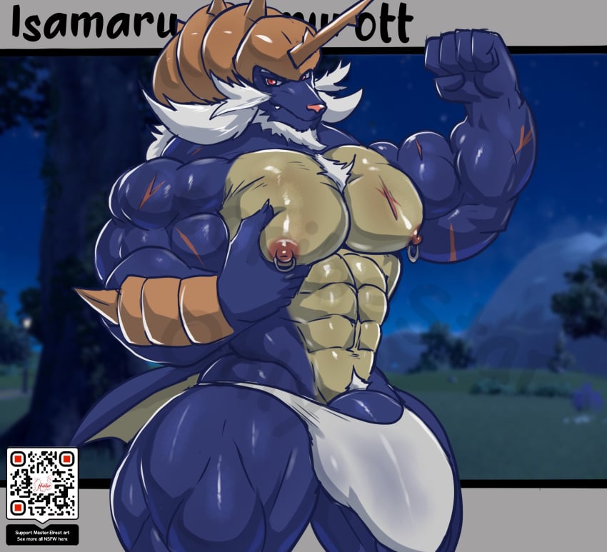 5_fingers abs anthro areola biceps biped blue_body countershade_torso countershading fingers generation_5_pokemon hi_res male masterelrest muscular muscular_anthro muscular_male nintendo nipple_piercing nipples pecs piercing pokemon pokemon_(species) qr_code samurott solo