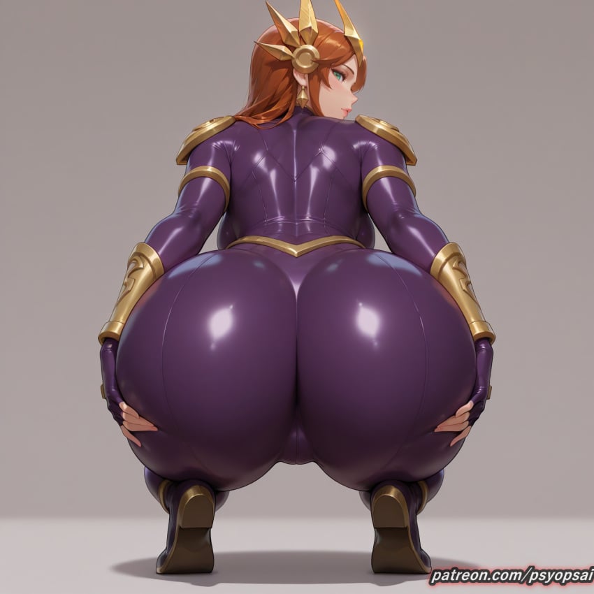 1girls ai_generated artist_name ass ass_focus ass_grab back_view big_ass big_butt bodysuit booty breasts bubble_butt close-up clothed clothing colored curvy digital_media_(artwork) female female_focus female_only fit_female from_behind grabbing_ass grabbing_own_ass league_of_legends leather legs legs_together leona_(league_of_legends) long_hair looking_at_viewer orange_hair psyopsai solo solo_focus spreading_ass thighs tight_clothing uncensored